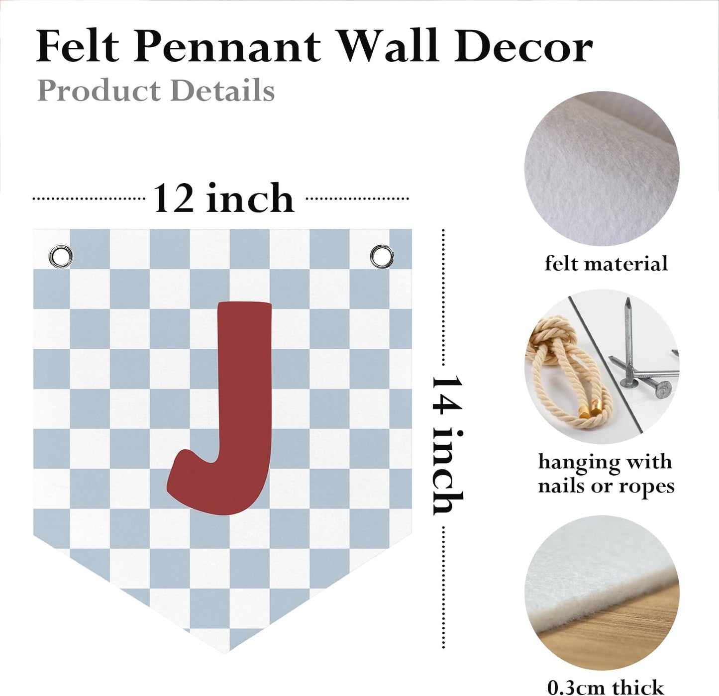 Kids Wall Art Felt Pennant Banner Flag, Custom Name Sign for Kids Room Toddler Bedroom Playroom, Bedroom Nursery Toddler Wall Art Decorations for Baby Shower, Letter J 12x14 Inch