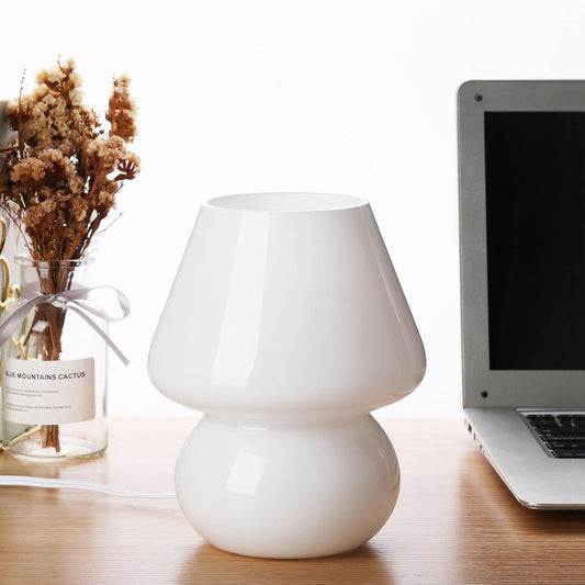 BSOD Mushroom lamp,Glass Mushroom Bedside Table Lamp Translucent Murano Vintage Style Striped Small Nightstand Desklamp Swirl Light for Home Decor, Dining, Living, Bedroom, Gift (Matte White)