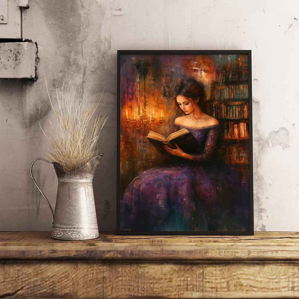 Victorian Woman Reading in Candlelit Library Dark Academia Wall Art posters Print,Vintage Dark Academia Aesthetic moody wall art Reading Nook book room wall decor 08x10in Unframed