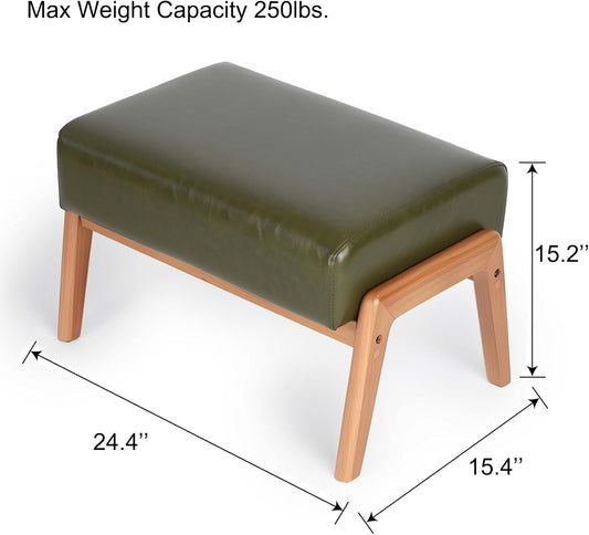 Modern Ottoman Foot Stool, Faux Leather Accent Sofa Footrest with Walnut Rubber Wood Frame, Ottoman Bench for Living Room Entryway Bedroom Sofa Seat, Hunter Green