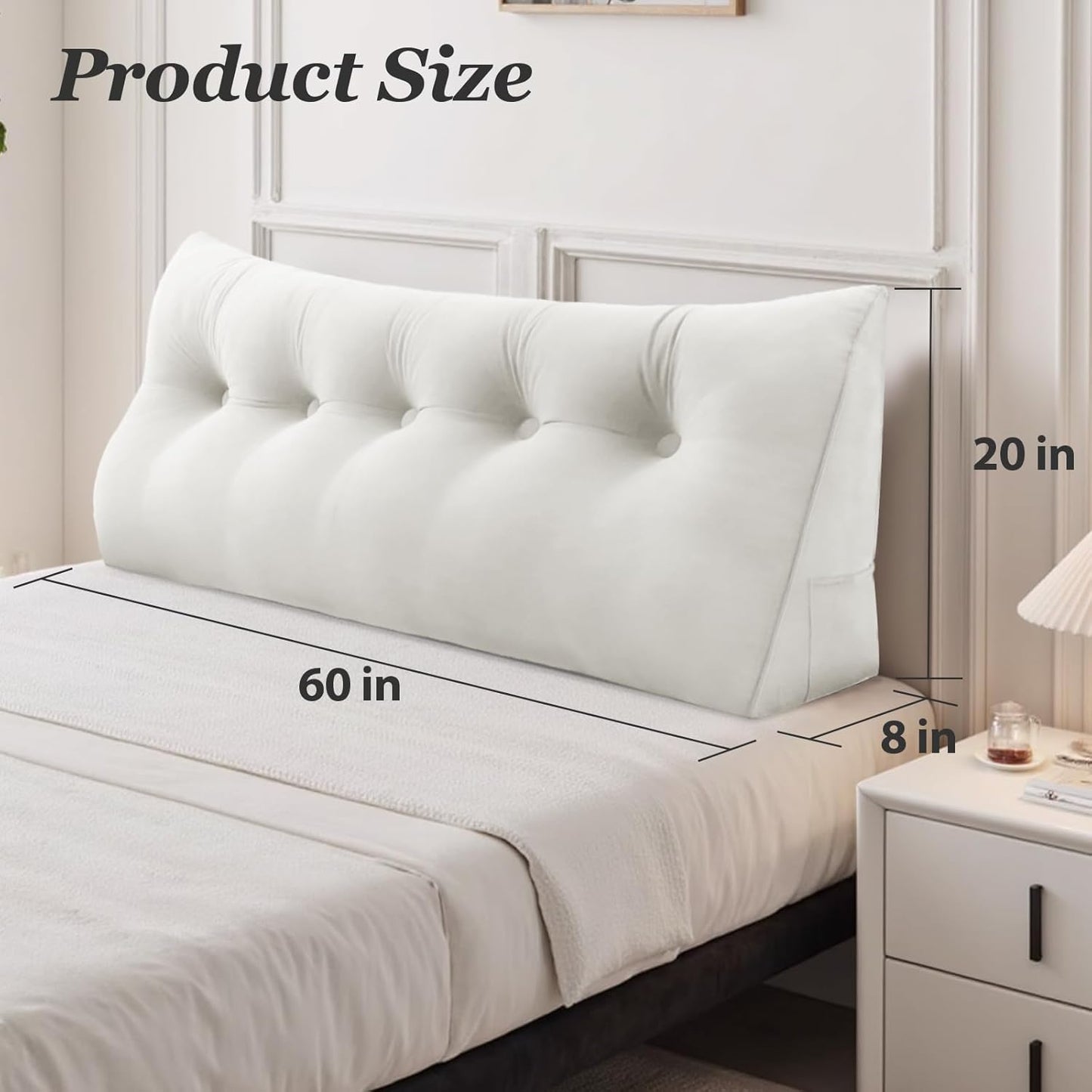 Headboard Wedge Pillow,Queen Bed Wedge Pillow for Headboard,Backrest Pillow for Beds,Reading Pillows for Sitting in Beds Adult,Bolster Pillow for Bed with Removable Cover(White,Size:60x8x20