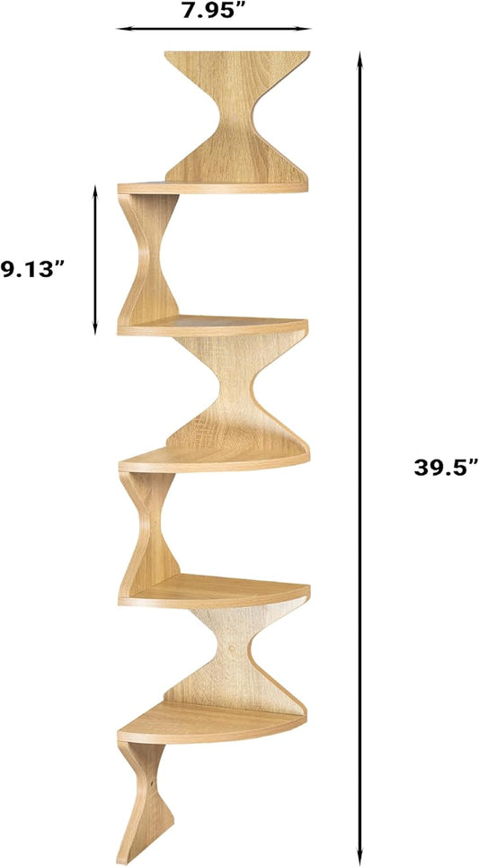 Zigzag Corner Shelf, Wood Corner Wall Shelf, 5 Tier Floating Corner Shelves for Small Space Storage, Corner Bookcase for Living Room, Home Office, Bedroom, (Natural, 5 Tier)