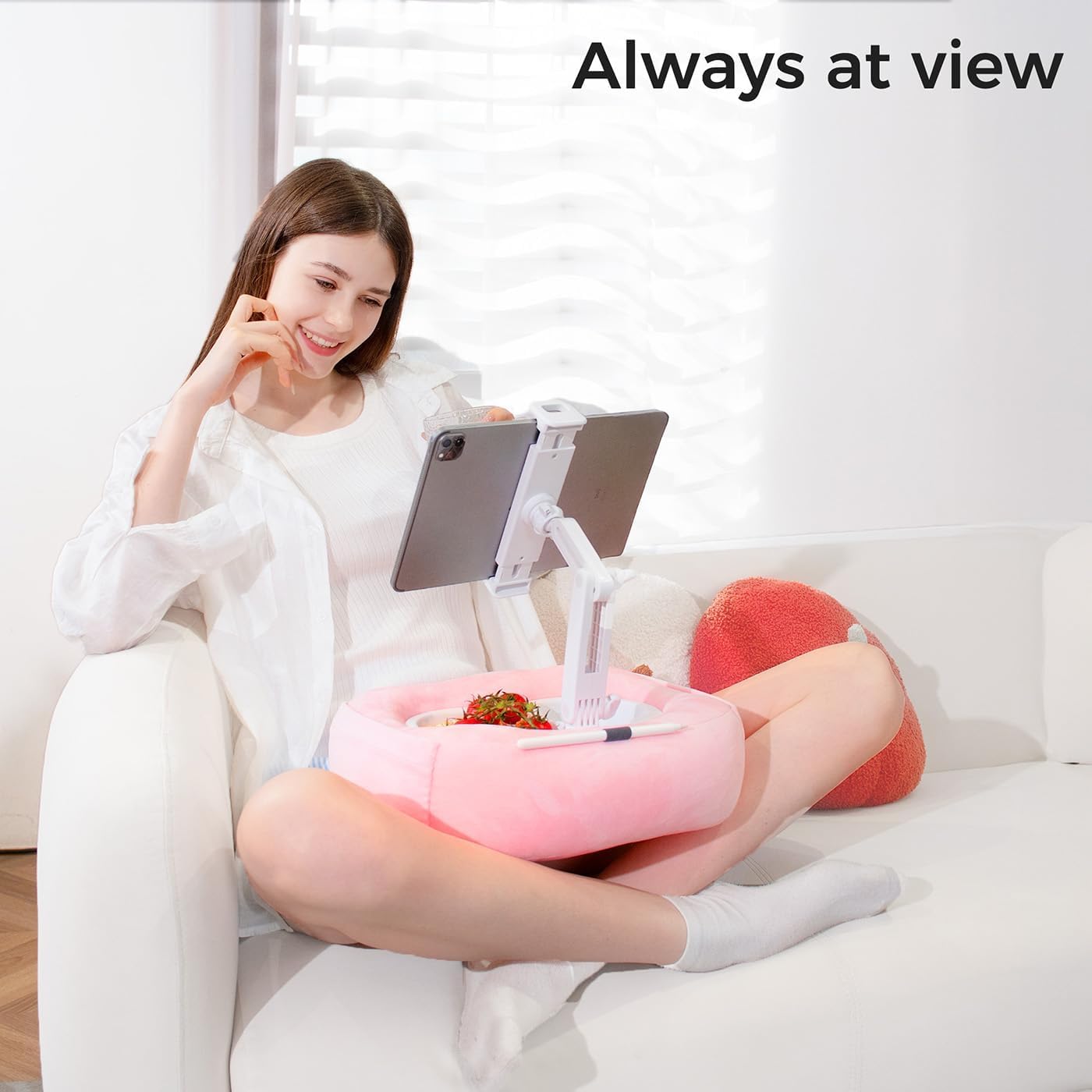 Tablet Pillow Stand, Adjustable Kindle Holder with 2 Snack Bowls, 360° Adjustable iPad Stand for Bed with 4.7''-13'' iPad, Kindle, Phone, Gift for Reading Accessories on Bed, Sofa, Pink