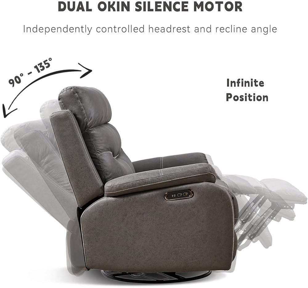 Dual Motor Power Swivel Rocker Recliner with One-Key Reset, Infinite Position Electric Leather Chair with USB Port, Modern Glider Recliner for Living Room & Nursery