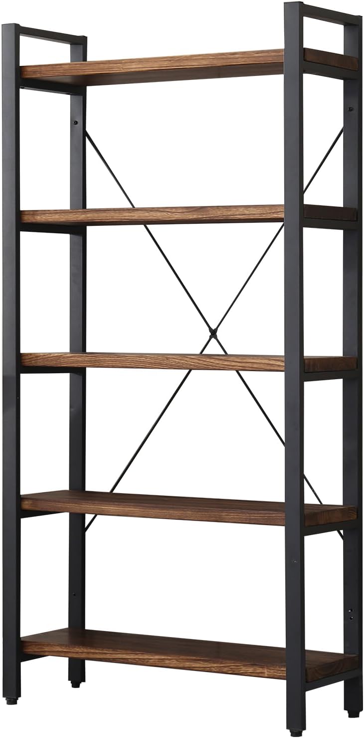 5 Tier Bookcase, Solid Wood Bookshelf Rustic Vintage Industrial Etagere Bookcase, Metal and Wood Free Vintage Bookshelf, Retro Brown (5-Tiers)