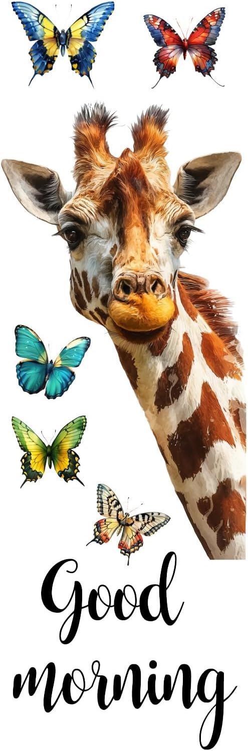 PLIGREAT Cartoon Giraffe Window Clings, Colorful Butterfly Window Stickers Good Morning Giraffe Peel and Stick Windows Decals for Living Room Bedroom School Glass Door Home Decoration