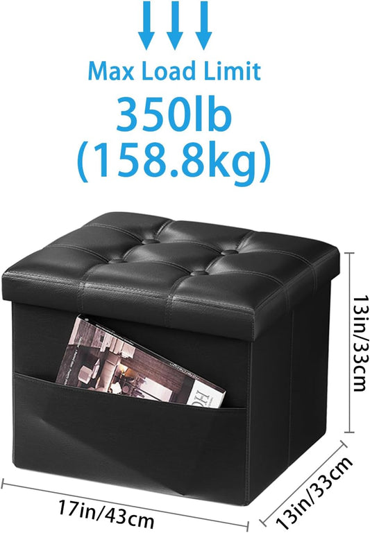 Ottoman with Storage Foot Stool - 17 Inches Folding Storage Ottomans, Leather Upholstered Ottoman Foot Rest with Side Pockets, Suitable for Living Room, Bedroom, Cafe