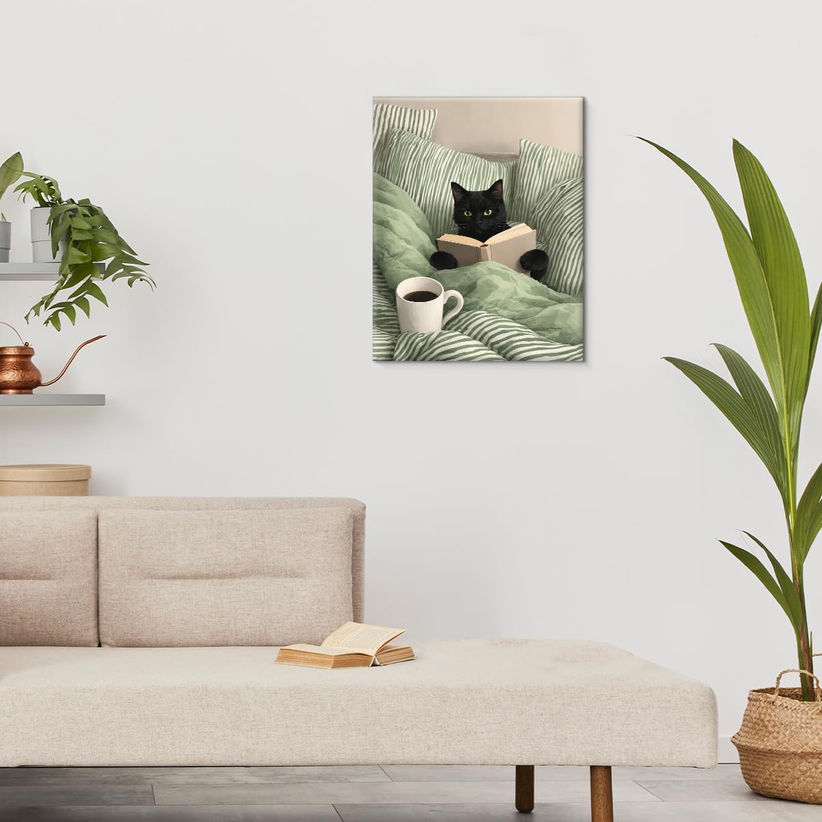 Black Cat Reading Bedroom Wall Art Cat in Green Striped Bed Canvas Print Poster Cozy Bookish Wall Decor for Home Bedroom 8x10 Inch Framed