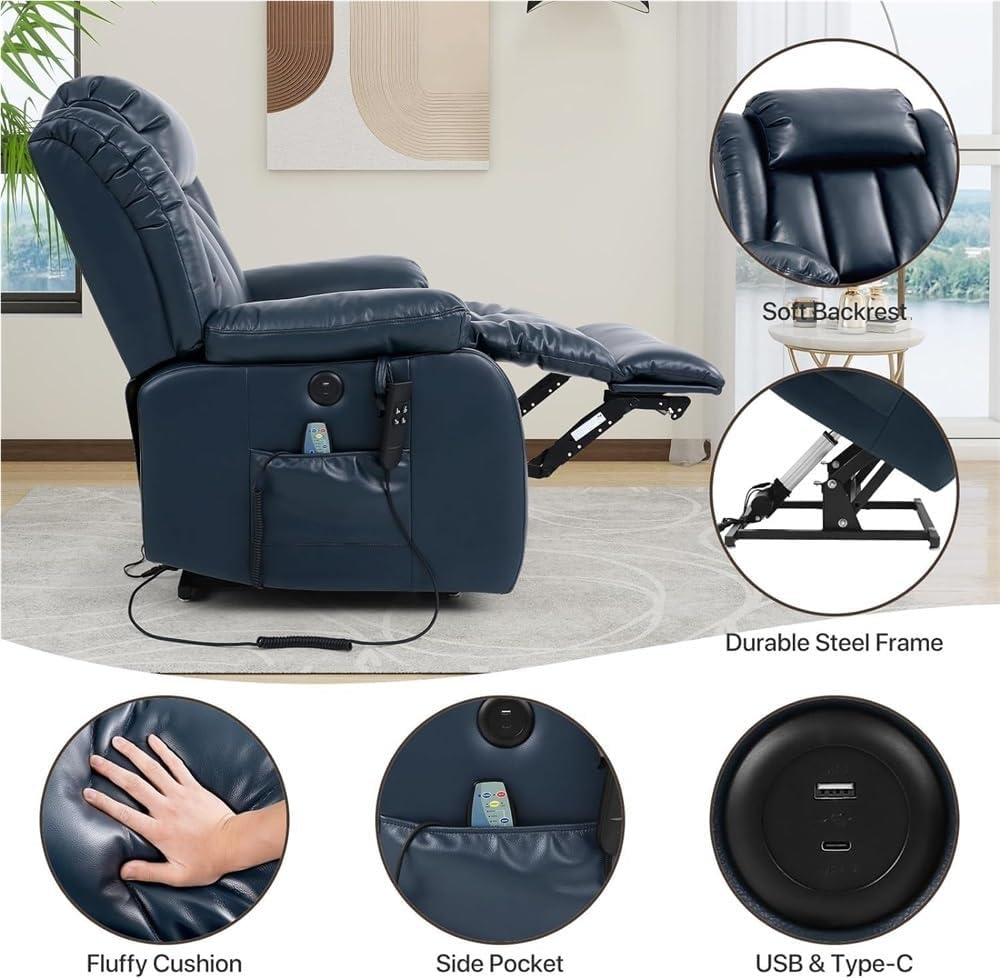 Electric Power Lift Recliner with Massage and Heat – Large Leather Sofa Chair, USB Charging Ports, Remote Control, Breathable Upholstery, Cup Holders for Elderly Living Room