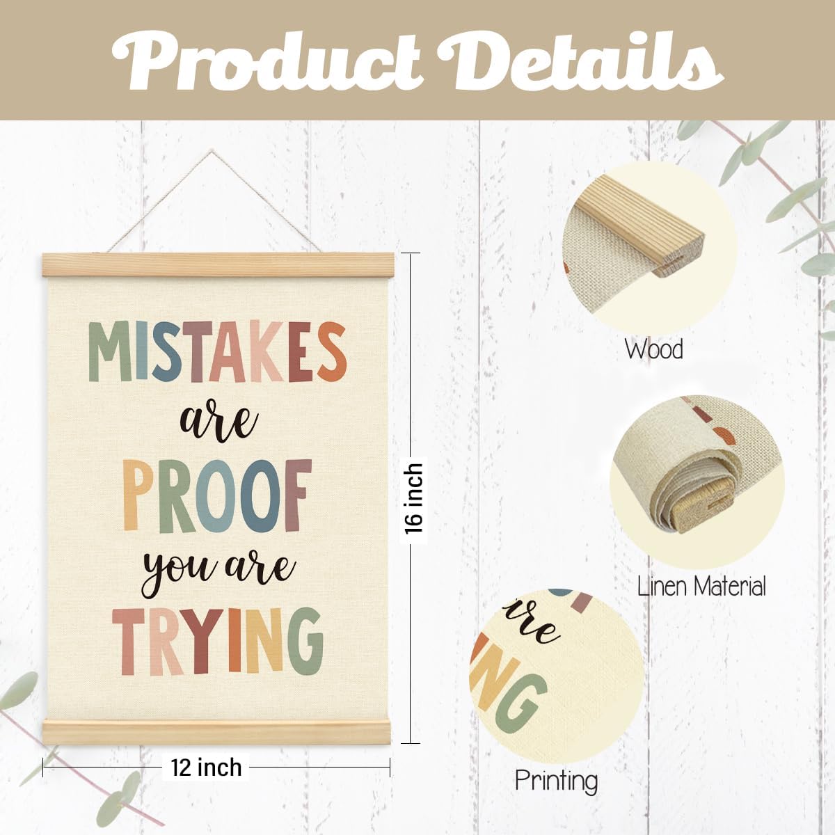 PLKMN Boho Classroom Decor, Mistakes are Proof You are Trying Wall Art with Wooden Poster Hanger, Inspirational Wall Decor for Classroom, Classroom Posters, Classroom Wall Art, 12x16 Inch