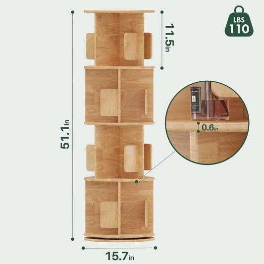 Wooden Rotating Natural Bookshelf Tower - 4 Tier 51“ H Tall 360° Spinning Revolving Bookshelf for Small Spaces, Solid Wood Round Narrow Modern Bookcase Tower for Home Office & Bedroom & Kids Rooms