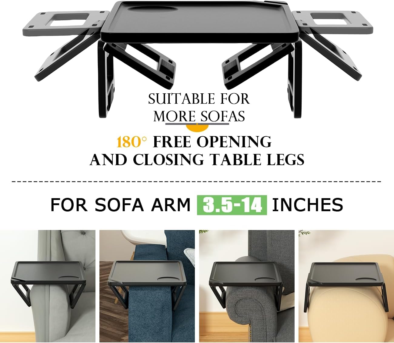 Smatdecis Couch Arm Tray Table Sofa Arm Clip Table, Armrest Tray Table Suitable for Home Drinks/Fast Food/Fruit Etc, Large Size Multi-Function Black