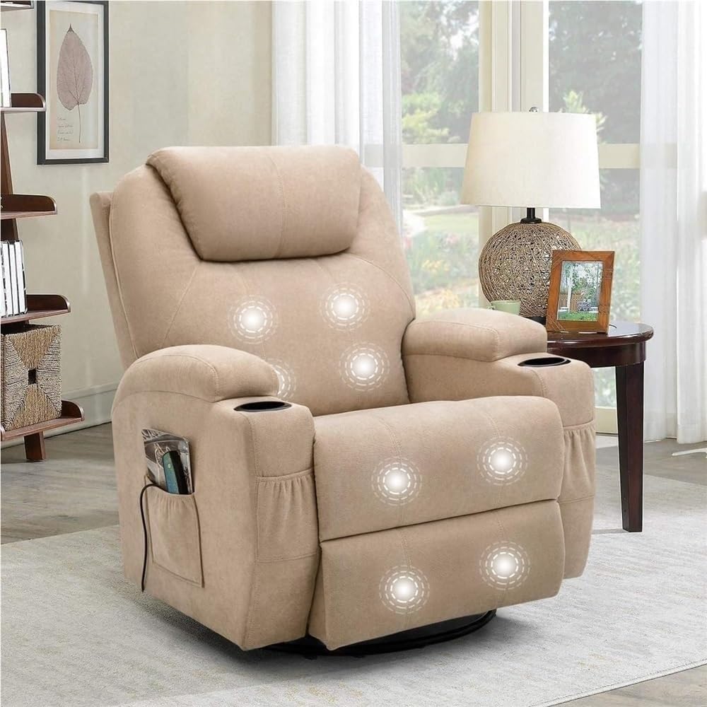 Modern Linen 360 Swivel Rocker Recliner Chair Massage and Heating Ergonomic Lounge Chair Comfortable Padded Single Sofa Recliner for Living Room Home Theater Seating