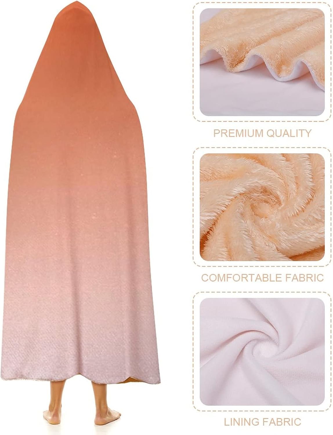 Throw Blankets, Ombre Wearable Hooded Blanket for Adults, Scorching Sunset in The Hot Desert Inspired Dusk, Soft Warm Cozy, 50 x 60inches, Studying Reading Snuggling Napping Office, Orange