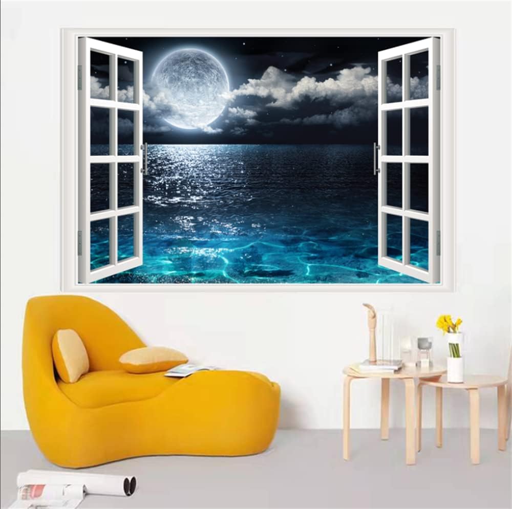 Self-Adhesive Wall Sticker Romantic Living Room Bedroom Study Office Decorative Wall Sticker Ocean Scenery Fake Window Sticker Mural (17.3"×27.6", Moon Beach)
