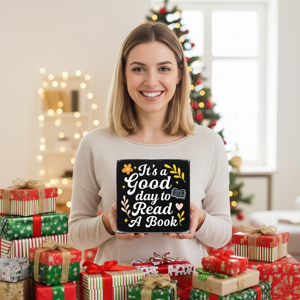 It's A Good Day to Read A Book Wood Box Sign, Floral Trendy Reading Wall Decor Gifts for Women Kids Book Lovers School Library Reading Nook Corner Home Dorm, 5x5 Inch(Black)