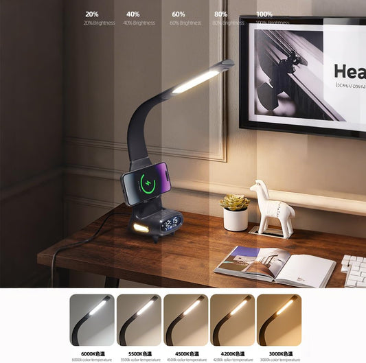 IHAO Multi Functional Smart Eye-Care Desk Lamp Wireless Charger & Digital Alarm Clock Gesture Control Adjustable Light 15W Fast Charging Hidden Phone Stand, Date Timer Display Wake-Up Light-TX79 Black
