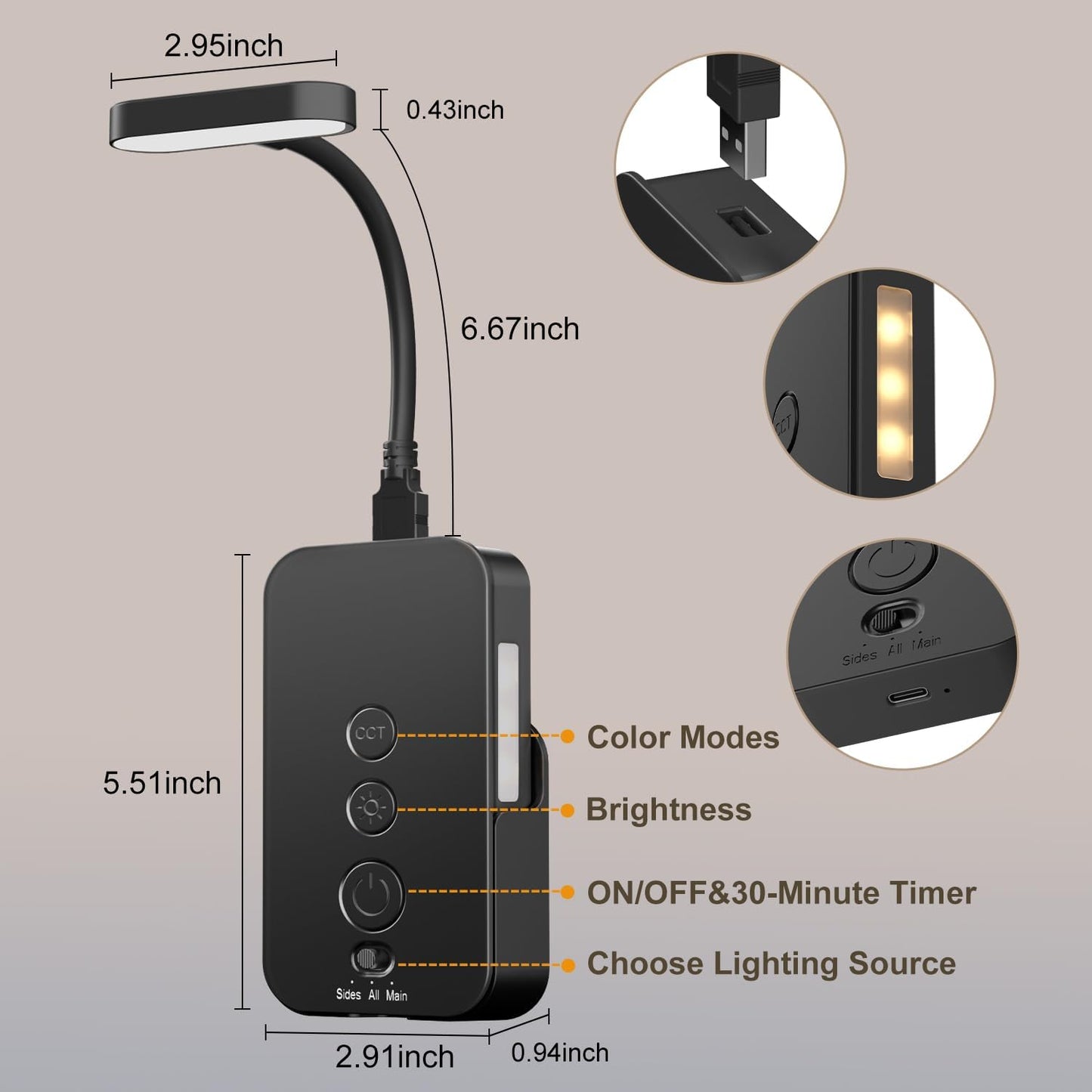 Ellasay Wall Mounted Reading Light: Dimmable LED Night Lights with Timer & Memory - Adjustable Gooseneck USB Powered - Easy Install for Kids Bedroom/Dorm Room/RV 2 Pack (Black)