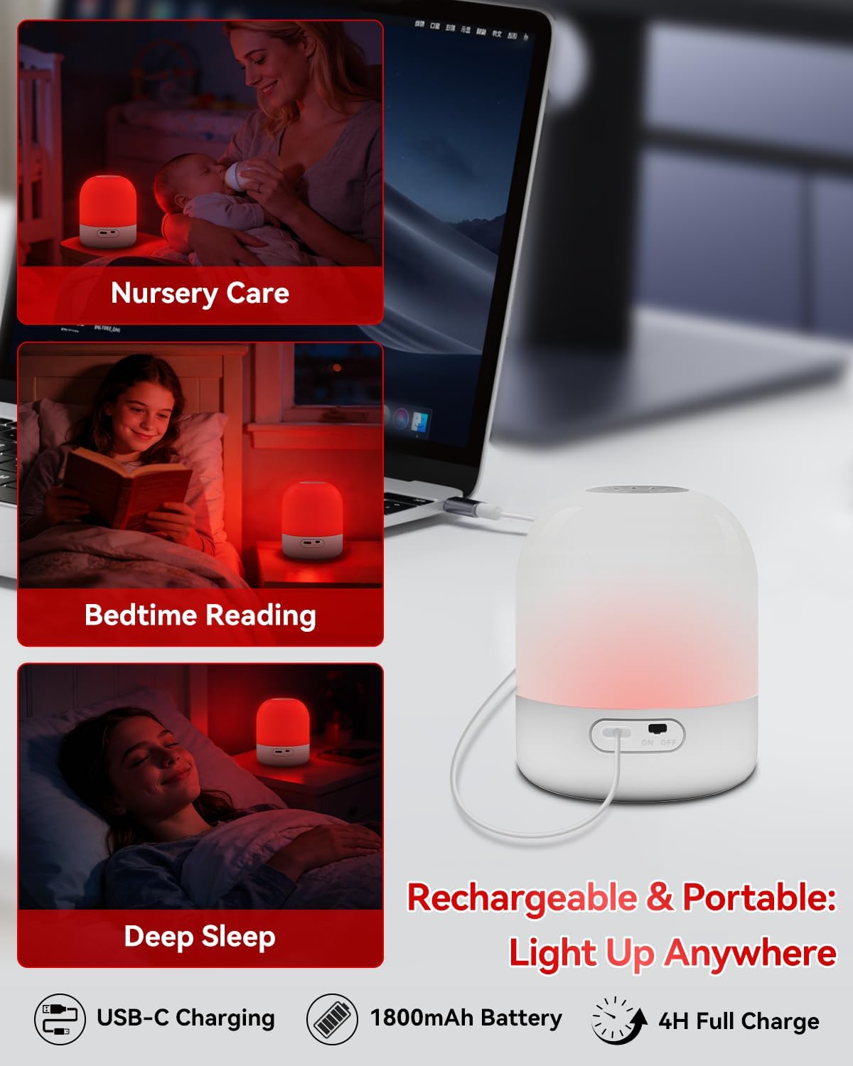 670nm Red Light for Sleep, 100% Blue Light Blocking, 360° Red Night Light Lamp with Remote & Touch Control, Dimmable, 4 Timers, Melatonin Promoting Natural Sleep Aid for Bedside Bedroom, Baby Nursery