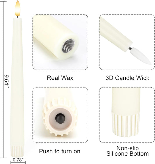 Flameless Taper Candles with 3D Wick, 9.6" Real Wax LED Candles with 2 Remote and Timer, 6 Pack Flickering Candlesticks Battery Operated, Classic Tall Taper Candle for Home, Wedding, Party, Ivory