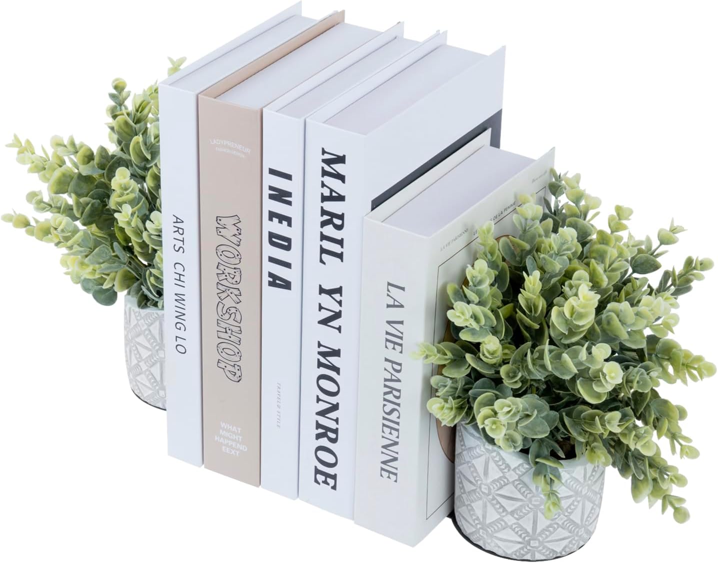MyGift L-Shaped Decorative Bookends with Artificial Eucalyptus Plant Potted in Modern Geometric Embossed Gray Concrete Pot, Book Ends for Shelf Desk Nook Decor, 1 Pair