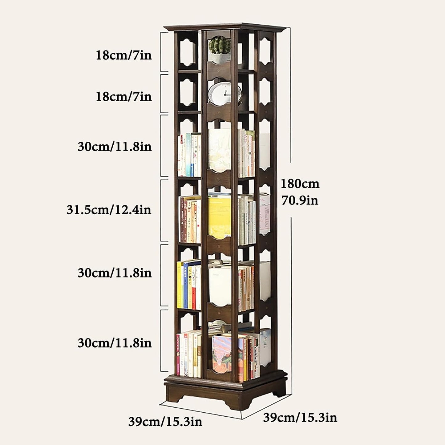 ELZEM 6 Tier Rotating Bookshelf Tower 360° Revolving Bookcase with Base Spinning Bookshelf Square Chinese Style Solid Wood Rotating Bookcase for Bedroom Living Room Study Room