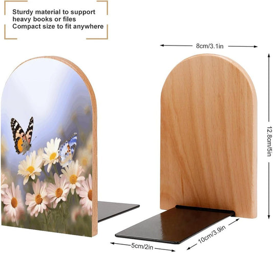 Butterfly Daisy Bookends 1 Pair Heavy Duty Book Ends for Shelves Non-Skid Bookend Supports Wooden Book Holders with Metal Base Desk Organizers Books Storage to Hold Books