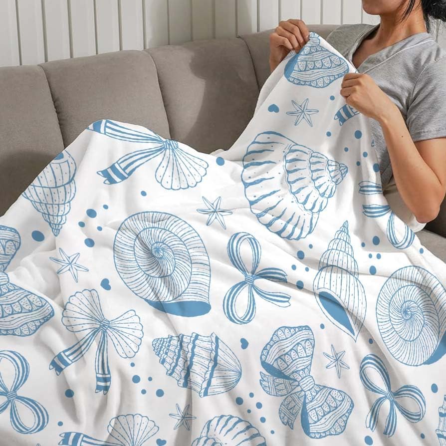 MASLEK Coastal Shell Blanket Soft Cozy Flannel Throw Blue Bow Nautical Theme Soft Cozy Flannel Fleece Blankets for Sofa Couch Bed Room Birthday Decor, 50 x 60 Inch