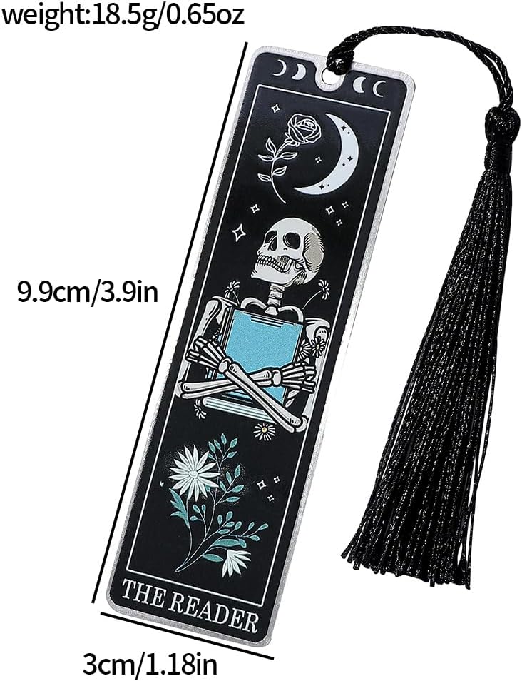 3Pcs Unique Skull Reader Bookmark - Metal Bookmark with Black Tassel, Star and Rose Pattern, Engraved “The Reader” for Dark Gothic Lovers, Women Readers Fantasy Gift Gothic Gift (Black Skull Reader)