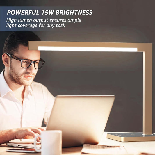 Aluminum LED Desk Lamp with Charging Station, Large 15W Table Lamp with Type-C Ports & 4 Color Temperature Modes(3000K-6000K), Dimmable Desk Light for Home Office,Bedroom (Includes Adapter)