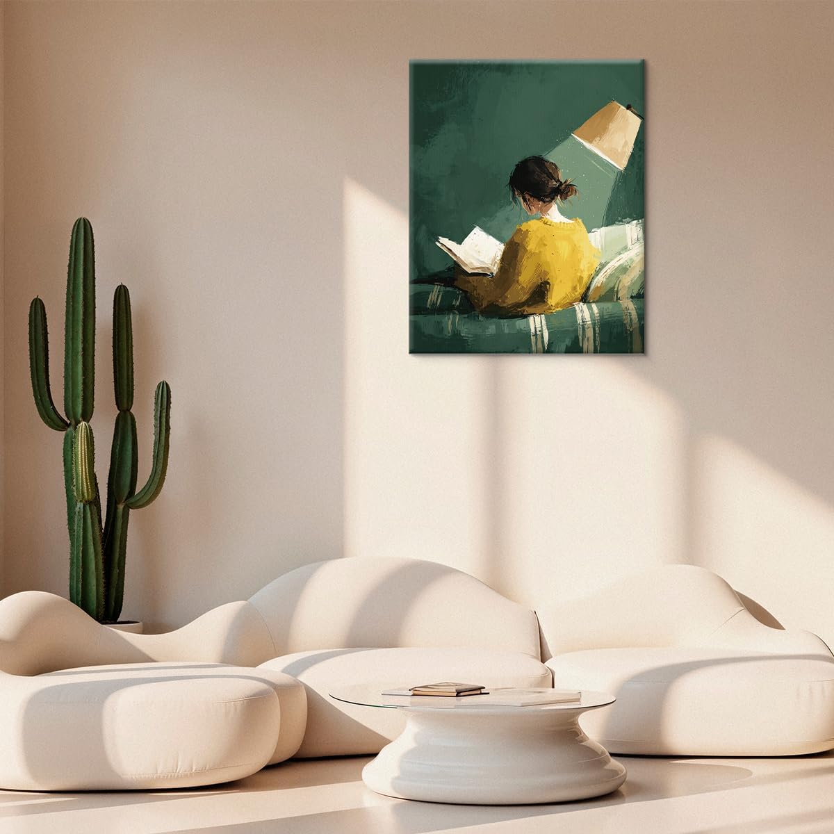 Vintage Reading Woman Canvas Wall Art Print Woman Green Striped Picture Painting Artwork Green Wall Decor for Home Living Room Reading Room 8x10 Framed