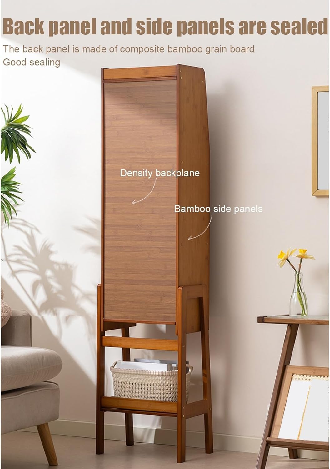 Bamboo Bookshelf, Home Office Narrow Bookshelf Kitchen Storage Rack Pantry Storage Cabinet for Small Space, Modern Open Book Shelves for Bedroom Organizer (Brown)