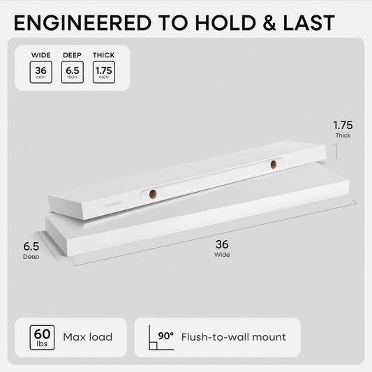 Homeforia White Floating Shelves 36 inch, High End Solid Real Wood 36inch Floating Shelf for Wall Mounted, White Wooden 36in Long Floating Shelves, Heavy Duty Bracket, 36 X 6.5 X 1.75 inches, Set of 2