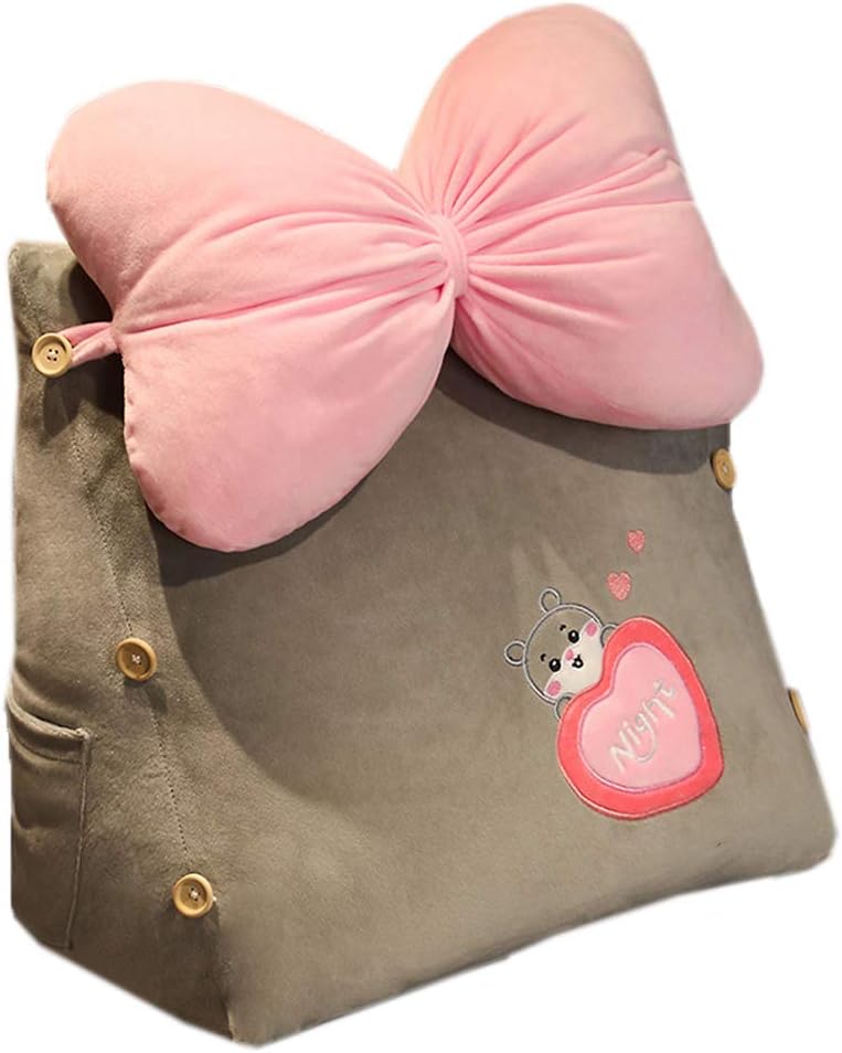 Creative Soft Reading Pillow Bed Waist Pillow Sofa Triangle Back Lumbar Cushion Washable Adjustable Wedge Pillow (Gray-Pink Bowknot, 40×40×25CM)