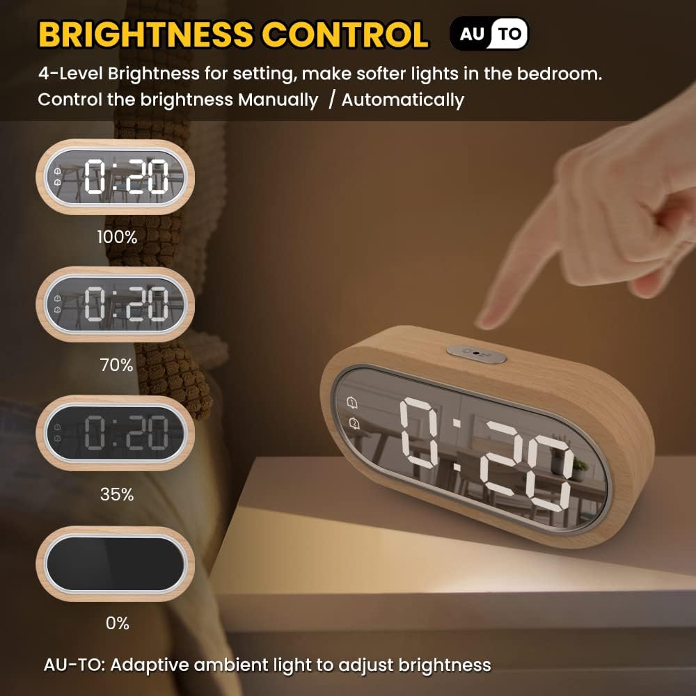 LANRU Beech Wood Digital Clock Dual Alarm Snooze USB Alarm Clock Table Thermometer Electronic LED Wooden Desk Clock 4-Level Brightness for Living Room Office