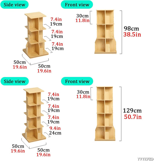 YVYKFZD Rotating Bookshelf Tower, Floor Standing Bookcase, 360 Display Storage Rack, Wood Open Narrow Book Shelf Organizer, for Small Space, Bedroom, Study Room(3 Tier 19.6"x19.6"x38.5")