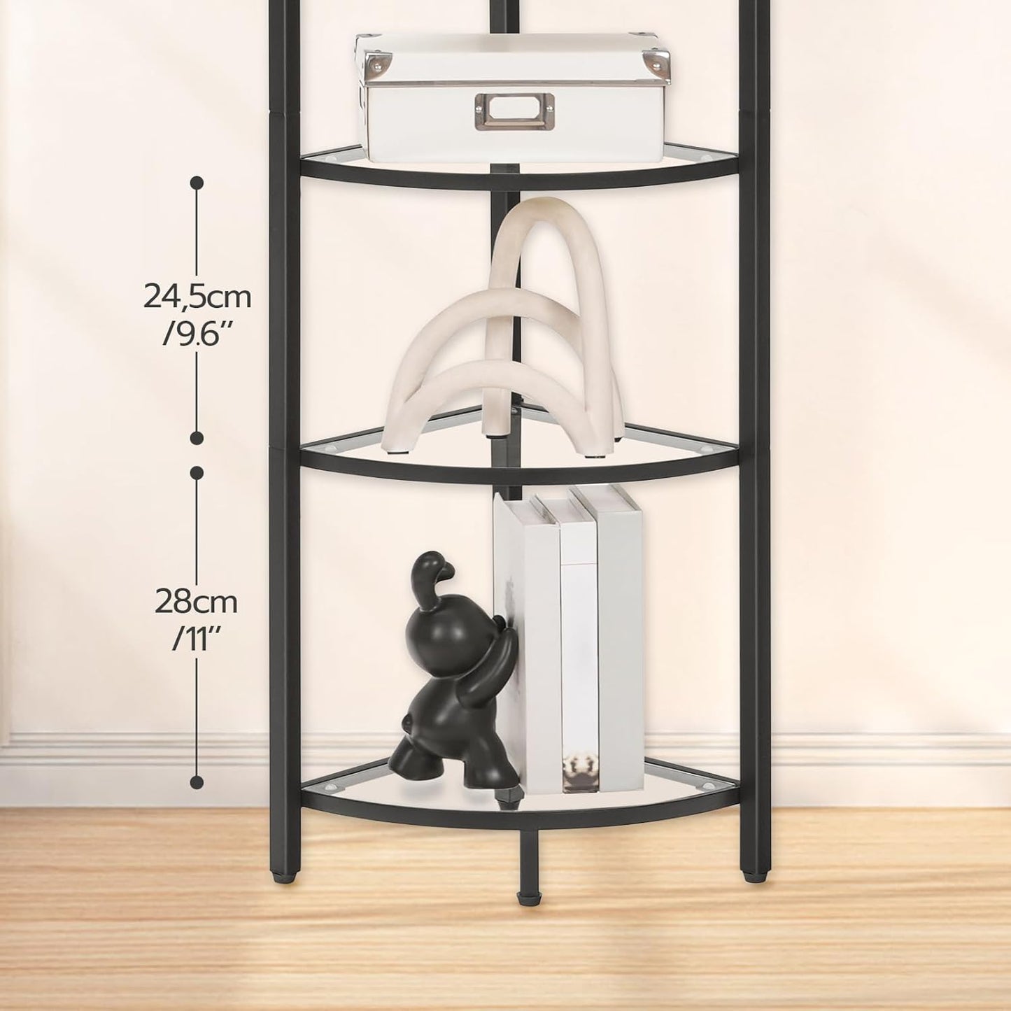 HOOBRO 5-Tier Corner Shelf Stand, Black Corner Bookshelf, Tempered Glass Shelves, Bathroom Organizer, Corner Plant Stand, for Living Room, Study, Balcony, Home Office, Modern Style, Black BK15CJ01