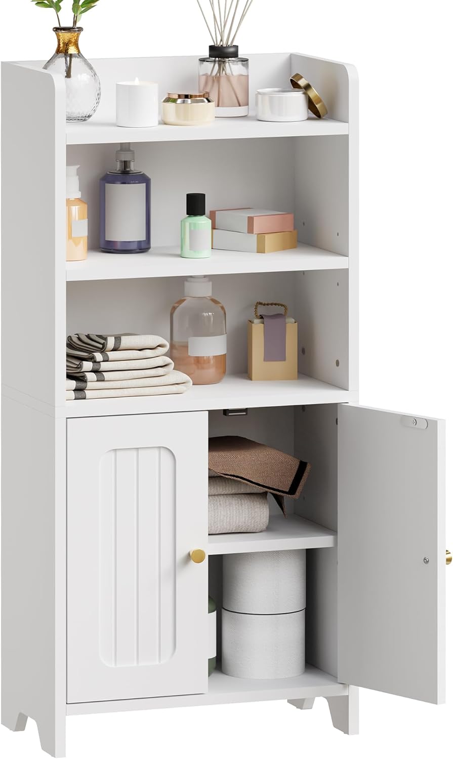 BEWISHOME Bathroom Storage Cabinet, Small Floor Cabinet, Toilet Paper Cabinets with 2 Doors and Shelves, Bathroom Organizers and Storage for Small Spaces, White 7.9" D x 14.6" W x 31" H YYG08W