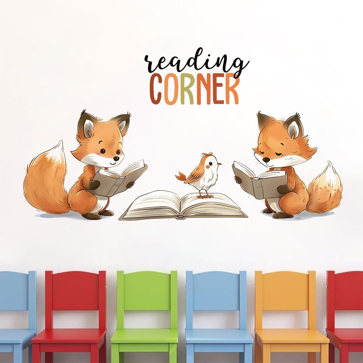 Reading Fox Wall Stickers Decals, Reading Corner Decorative Nursery Kids Room Wall Art Decor, Library Read Book Nook Home Classroom Playroom Decorations Gift