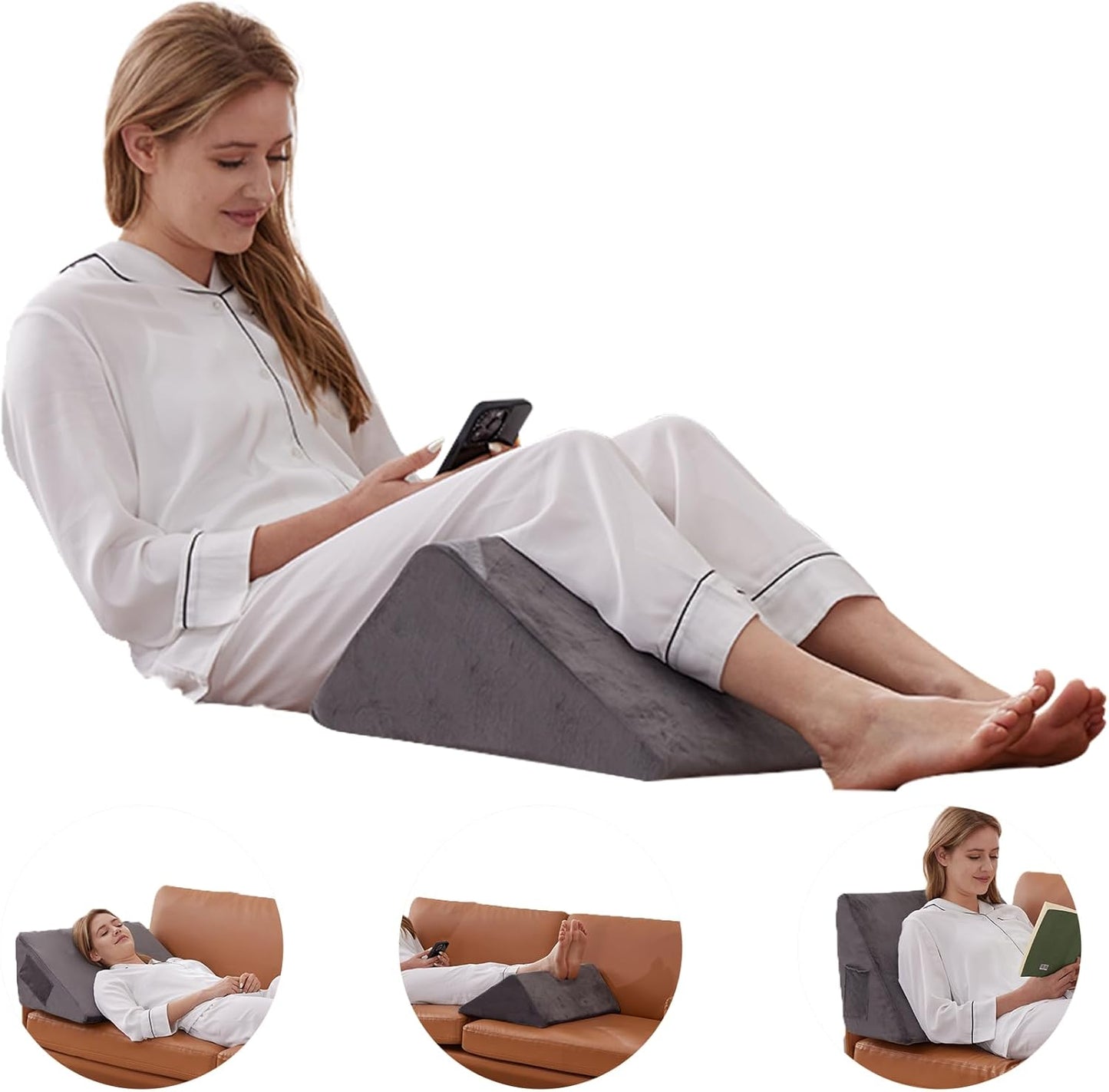 Knee Pillow for Back Sleeping, Leg Pillow Knee Wedge Pillow, Memory Foam Wedge Pillows for Legs After Surgery, Triangle Pillow for Knee Support, Leg Elevation, Knees Hip Back Pain Relief, Short Plush