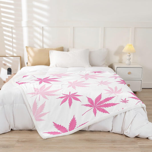 Girls Marijuana Weed Leaf Fleece Throw Blanket for Kids Women Cannabis Leaves Sherpa Blanket Marijuana Leaf Botanical Plush Blanket Pink White Decor Fuzzy Blanket for Sofa Bed Couch,Twin 60x80 Inches
