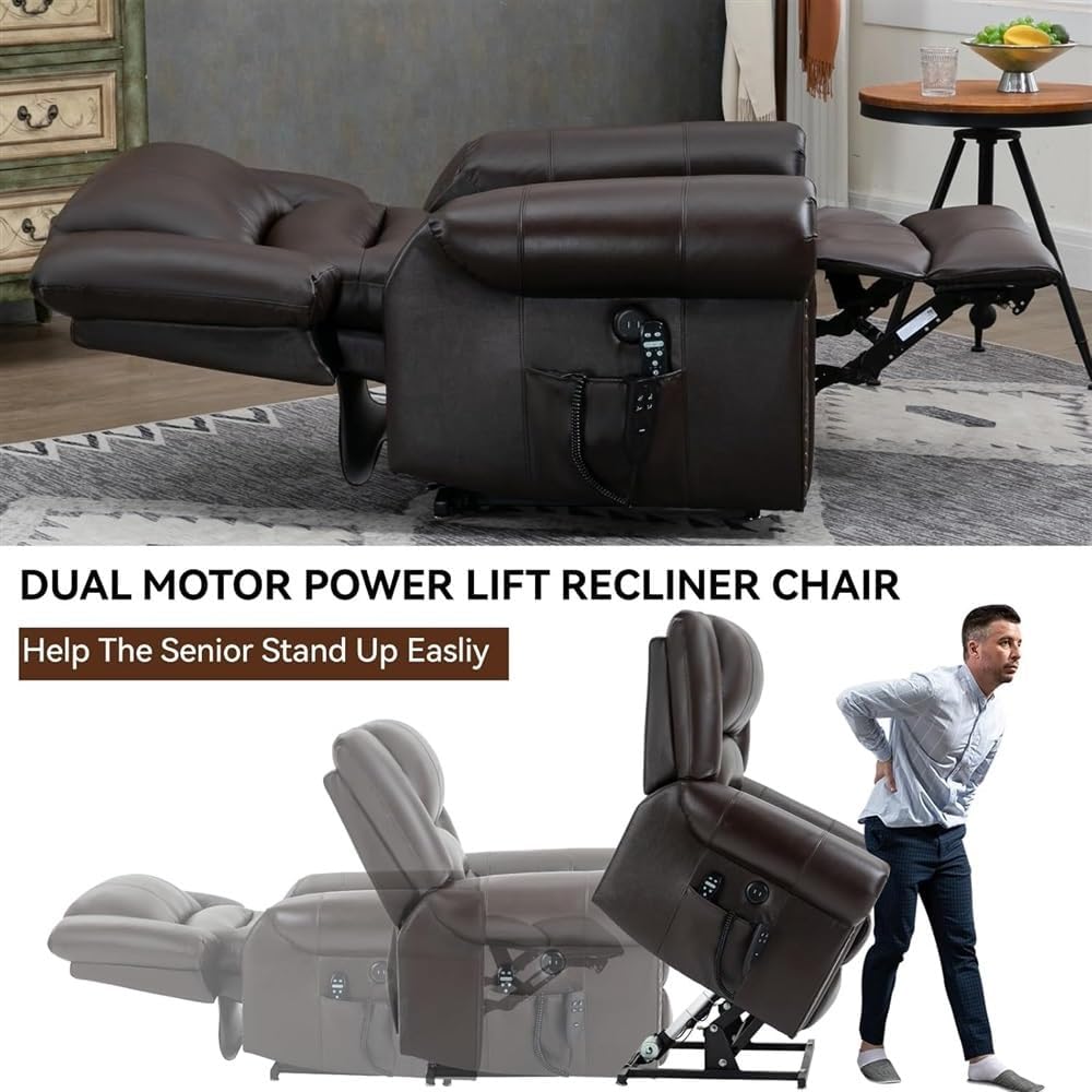 Dual Motor Power Lift Recliner Chair, Lay Flat Electric Recliner with Massage and Heat, Infinite Position Lift Chair, Leather Recliner Sofa with Remote Control, Brown