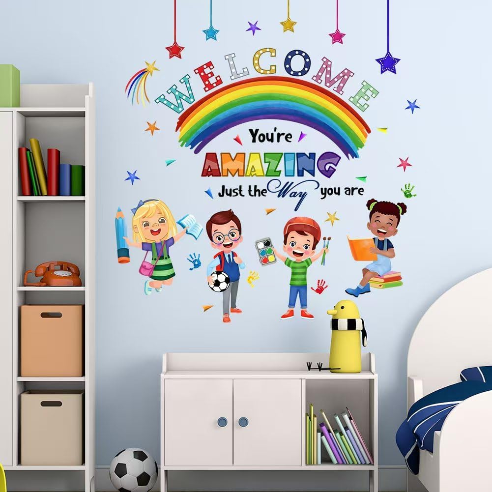 Kids Inspirational Quotes You are Amazing Wall Decal Reading Corner Rainbow Wall Stickers for Classroom Kids Playroom Nursery Reading Room Bedroom