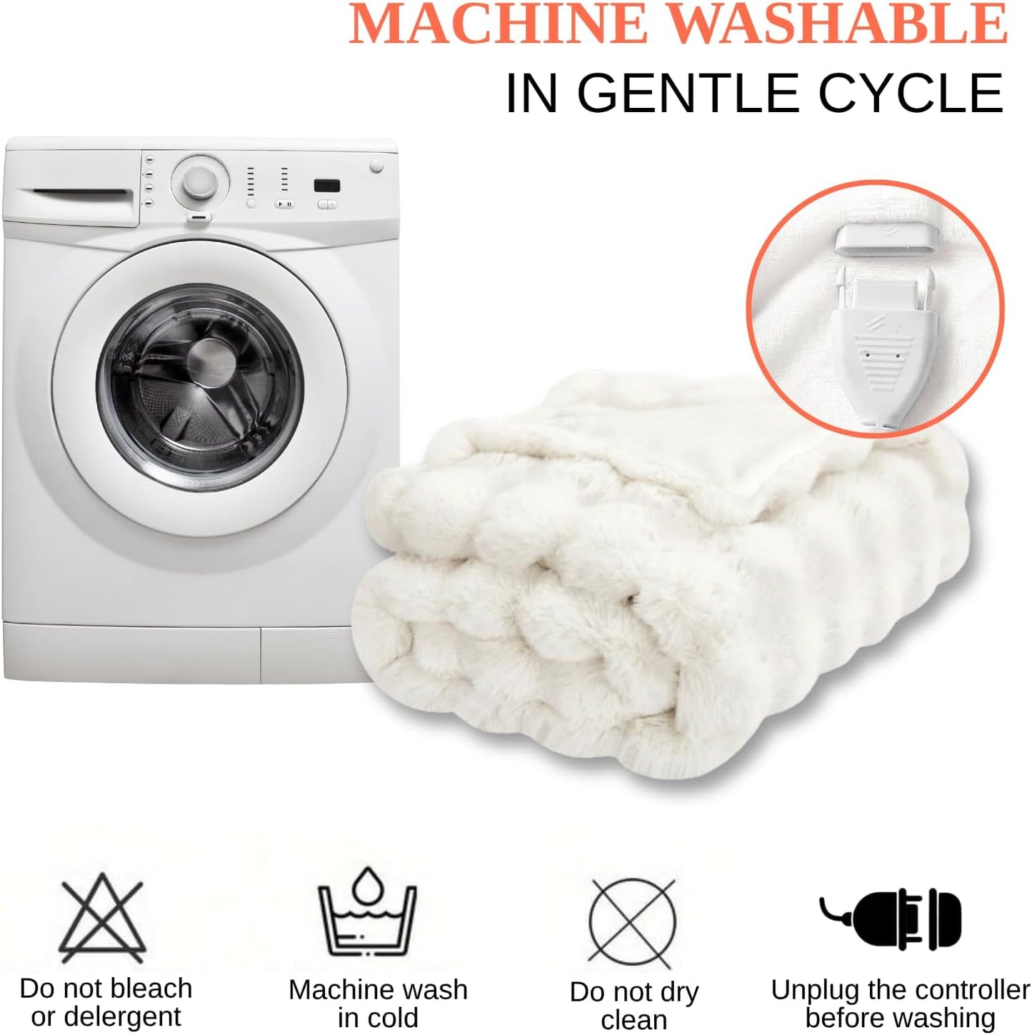 Electric Heated Blanket Throw 50"x60" White Ultra Soft Luxury Fluffy Faux Rabbit Fur Machine Washable 6 Heat Settings 4 Hours Auto Off Overheat Protection for Home Office Use