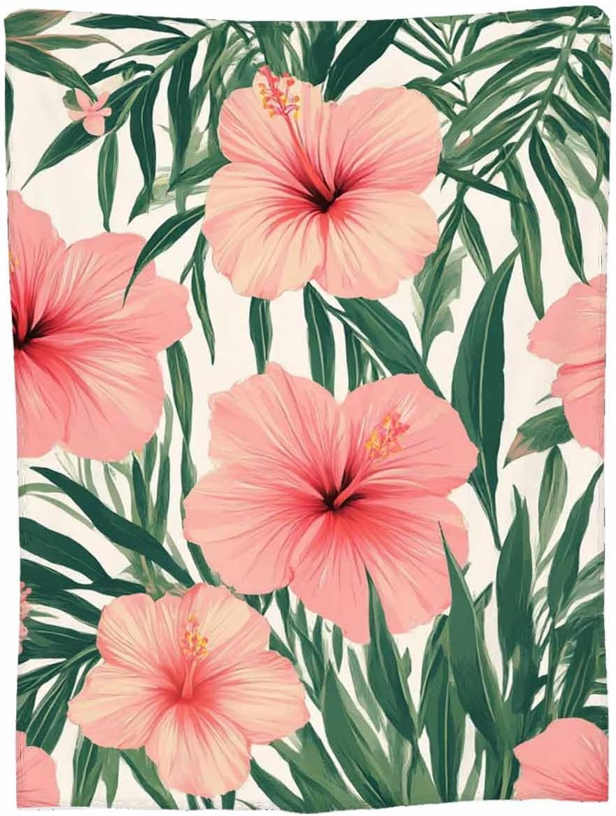 Mugod Exotic Floral Throw Blanket Tropical Flower Pink Hibiscus Palm Leaves Dark Green Decorative Soft Warm Cozy Flannel Plush Throws Blankets for Baby Toddler Dog Cat 30 X 40 Inch