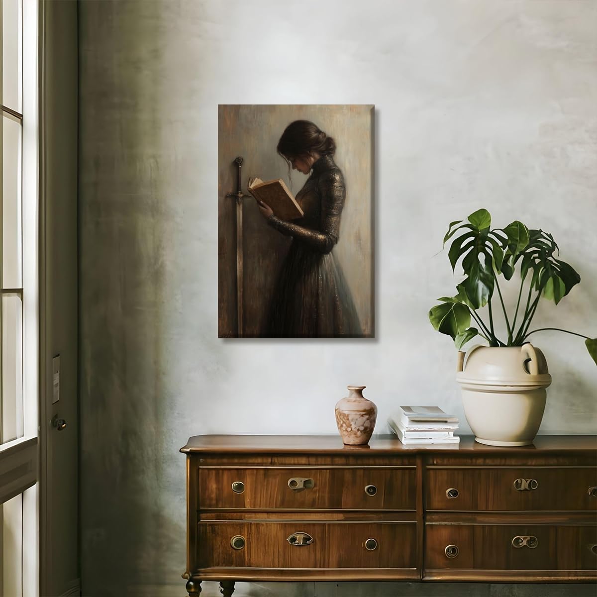 Dark Academia Wall Art Victorian Woman Knight Reading Book Print Vintage Gothic Library Canvas Art Poster Literary Gift for Book Lovers Study Room Decor Aesthetic 8x12inch Unframed