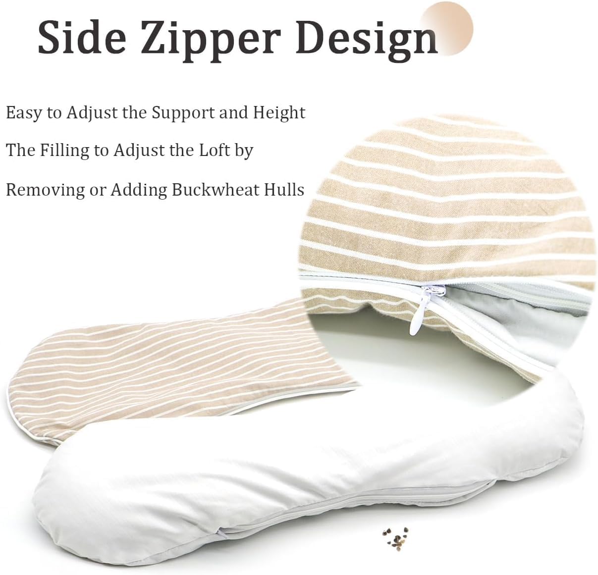 Firm Buckwheat Neck Pillow, Adjustable Height, Cervical Back Support for Neck Pain Relief, Cool Stripe Bone Shape Pillow for Recliner Sleeping, Khaki 19"X7"