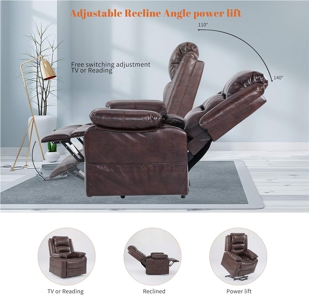 Brown Power Lift Recliner Chair for Elderly Electric Leather Recliner with Storage Pockets USB Port and Remote Control Adjustable Lift Chair for Living Room Lounge Furniture