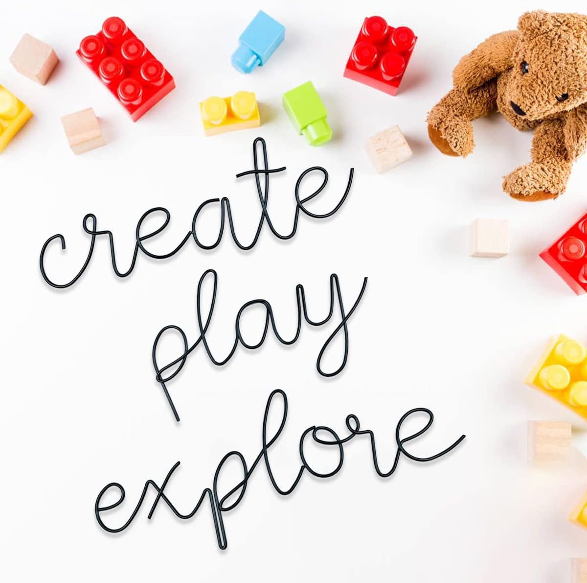 KRSHEMDE Playroom Wall Decor Metal Play Explore Create Inspirational Wall Art Nursery Room Decor for Kids Toddlers Boys Girls Classroom Bedroom Reading Nook Positive Quotes Wall Decoration