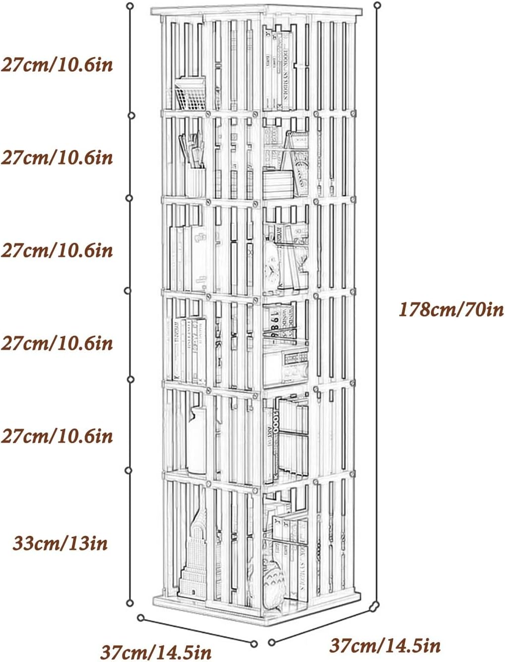 Bamboo Rotating Bookshelf Tower 360° Rotating Bookshelf For Space Saving 5/6 Tier Kids Bookshelf Small Corner Bookshelf Floor Standing Bookcase Storage Rack For Bedroom Living Room Kids Rooms(Brown,37